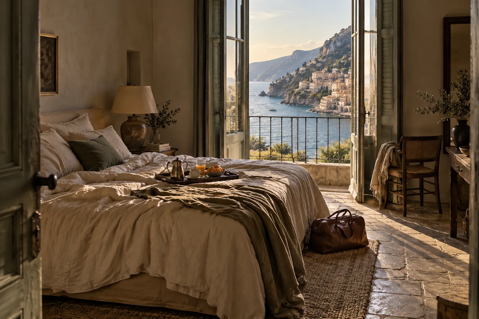Editorial concept of arriving at a small coastal hotel, with a linen bed and open shutters