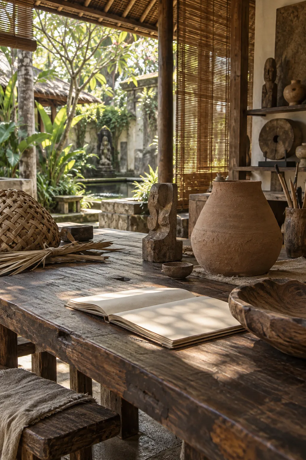 Imagined Balinese creative workshop with wood, clay and woven forms in natural light