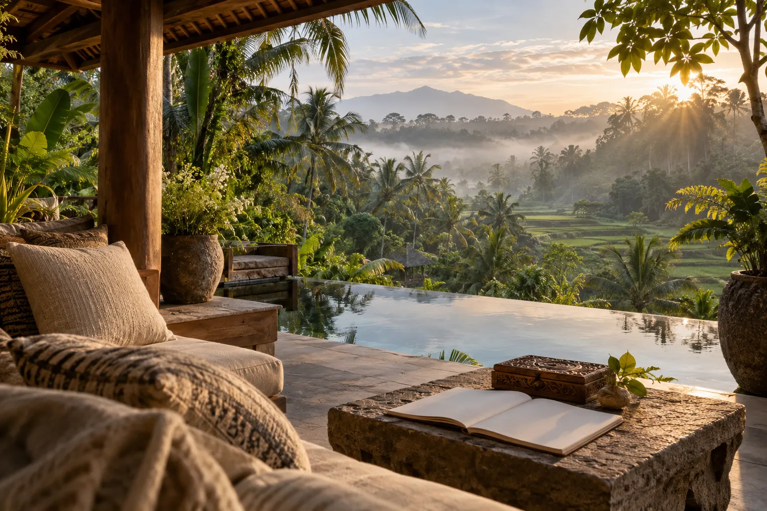 Imagined Bali pavilion overlooking a misty green valley, with a sketchbook and carved wooden object