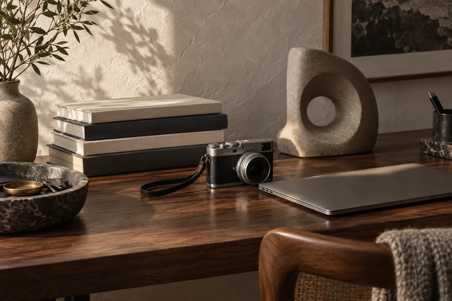 Books, a camera and creative tools in an editorial still life