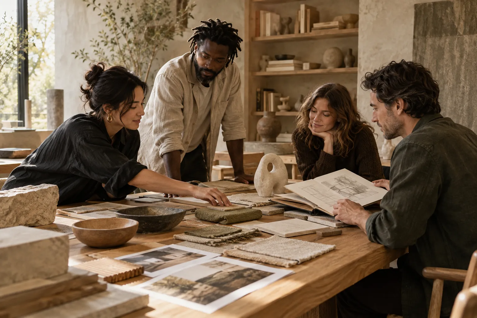 A creative group sharing material studies and ideas — concept image