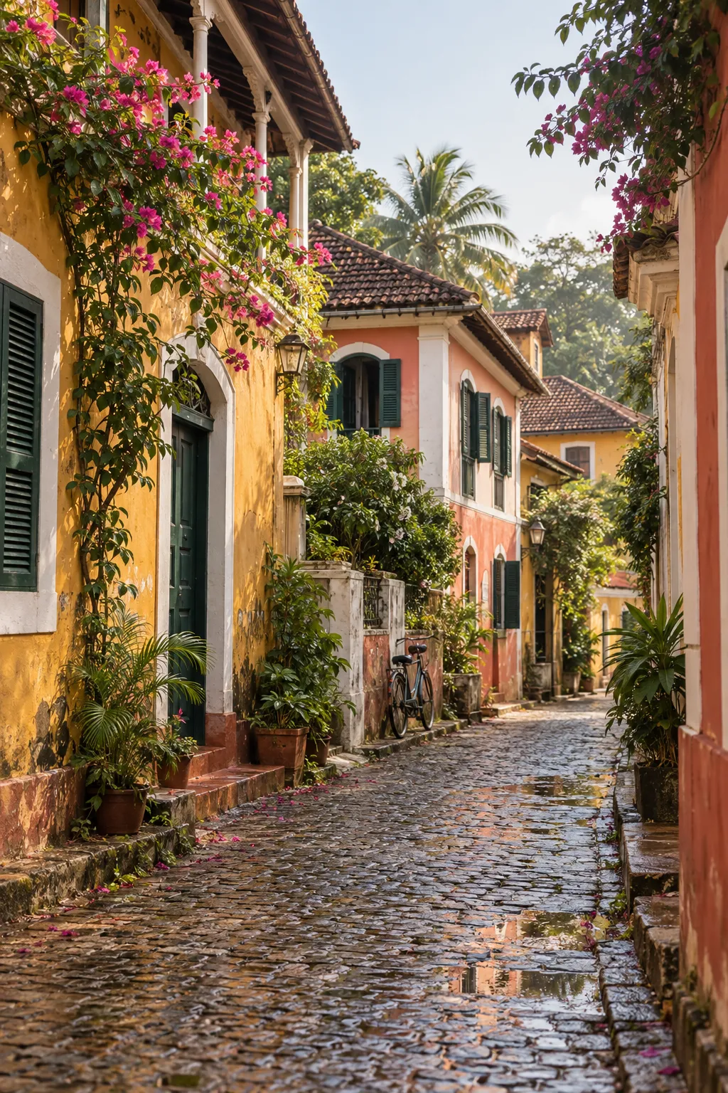 Imagined heritage lane inspired by Fontainhas with ochre houses, green shutters and red tiled roofs