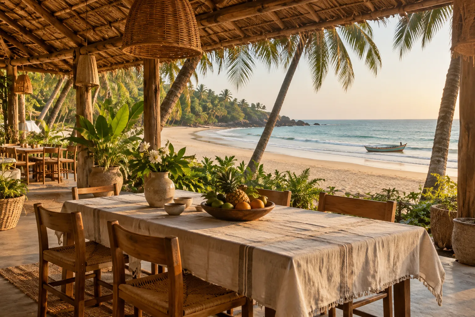 Imagined Goan beach café with woven roof, timber chairs and a view over a quiet crescent of sand