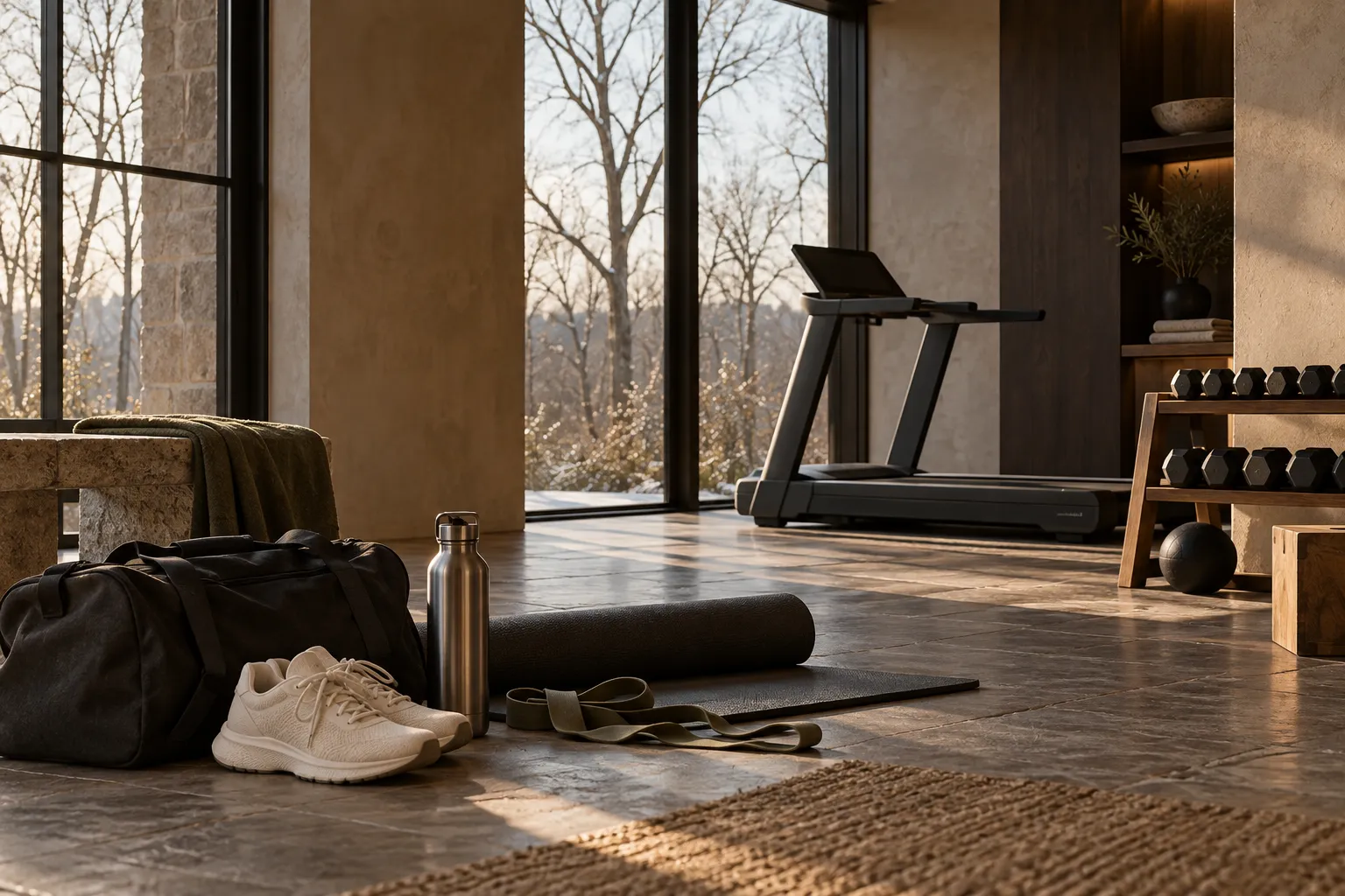 Editorial concept: a warm home gym with training equipment, a mat, trainers and a gym bag