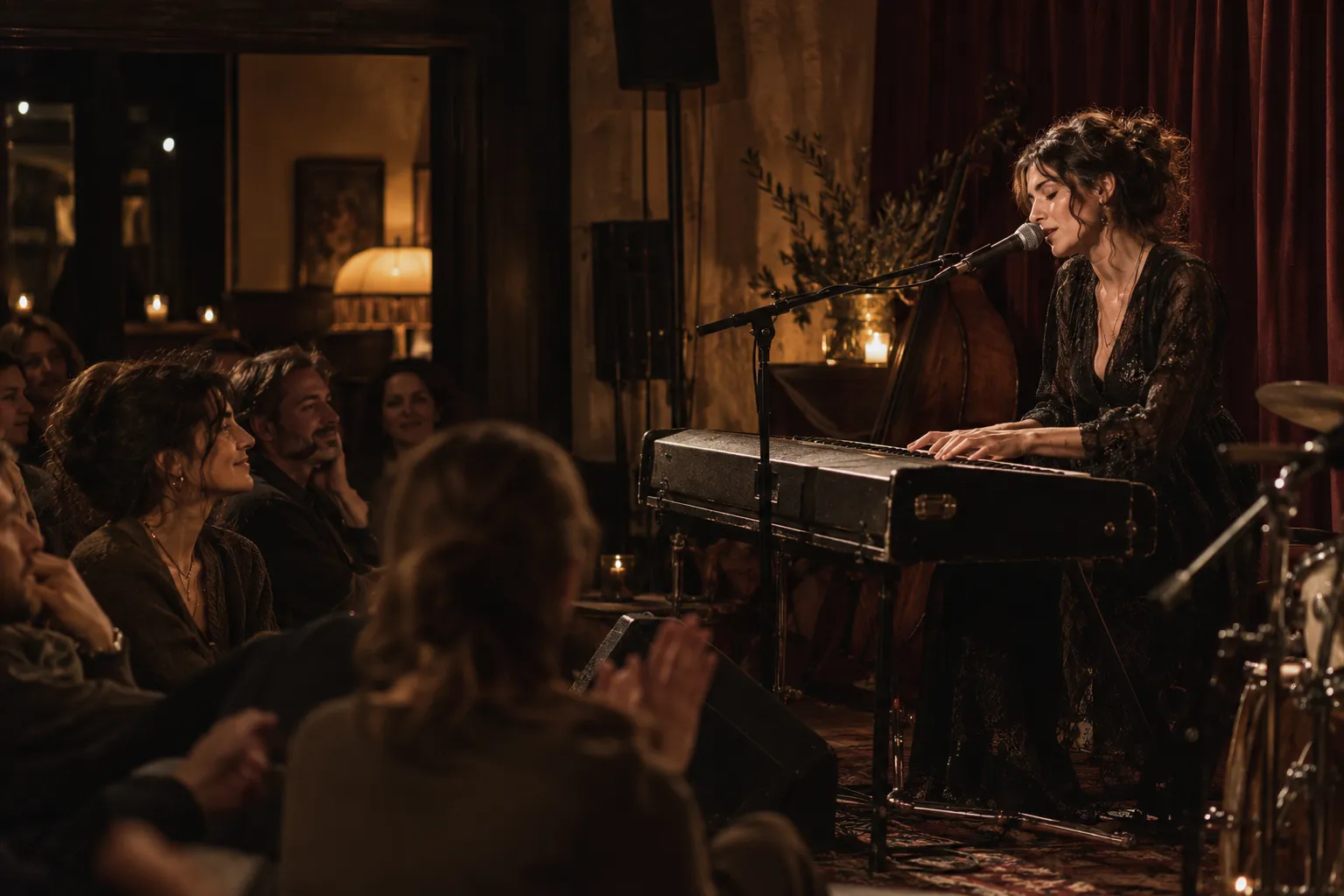 Editorial concept of an intimate live performance with a singer at a keyboard