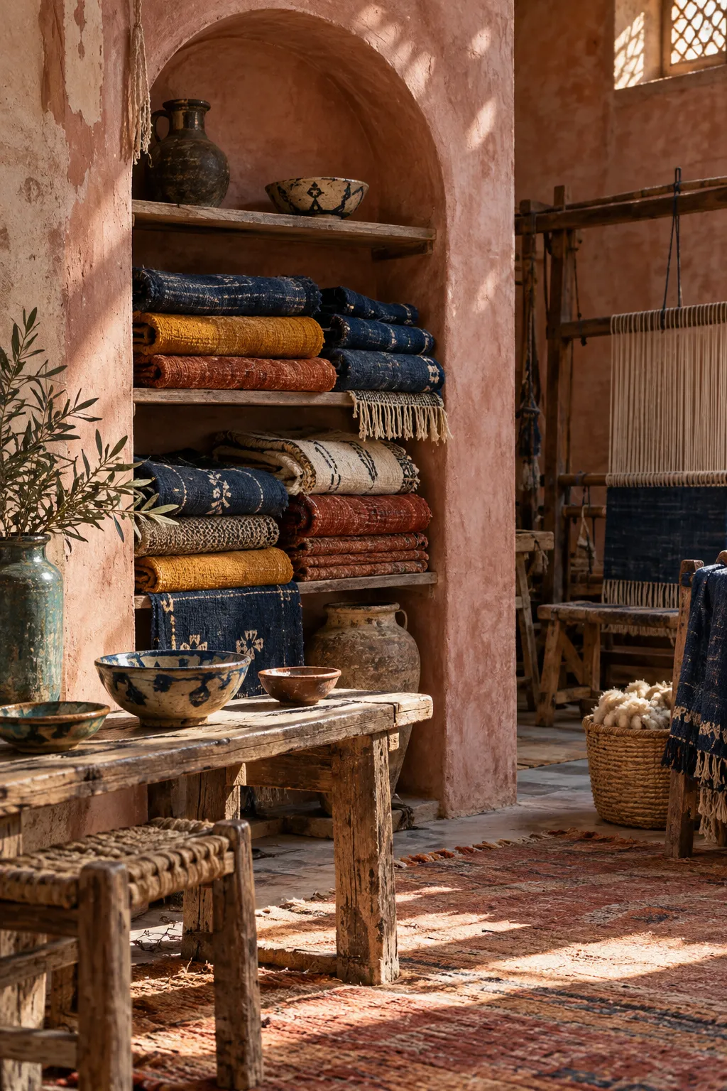 Imagined Marrakech workshop with indigo and saffron textiles, a loom and handmade ceramics