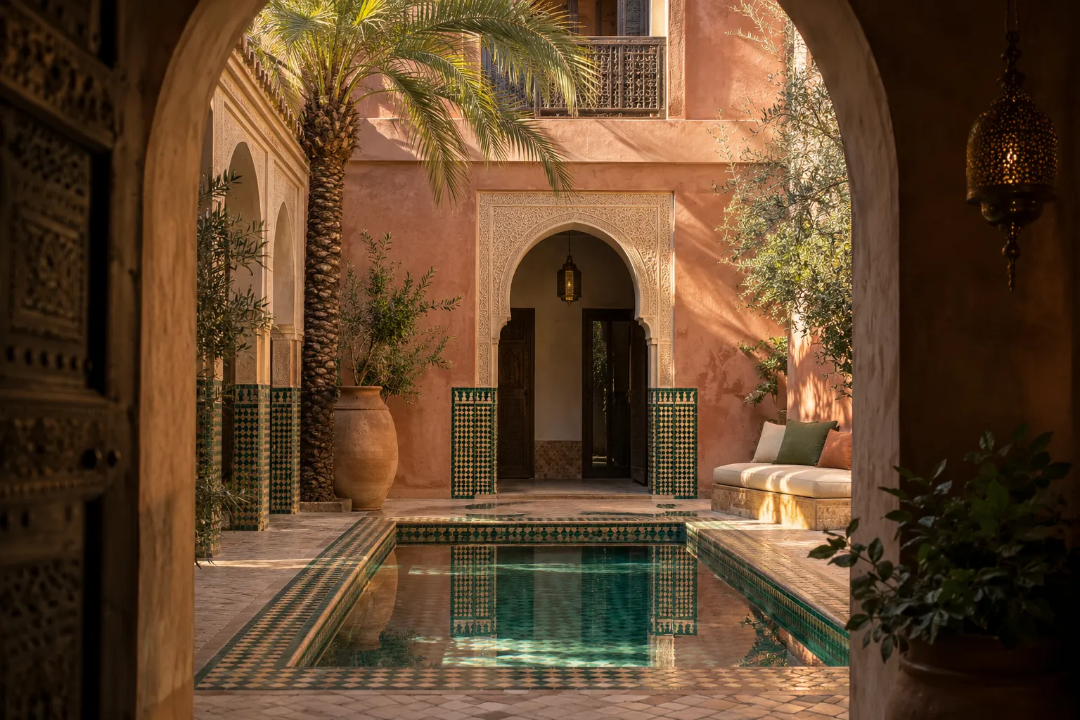 Imagined Marrakech courtyard with rose plaster, an ornate arch and green zellij around a reflecting pool