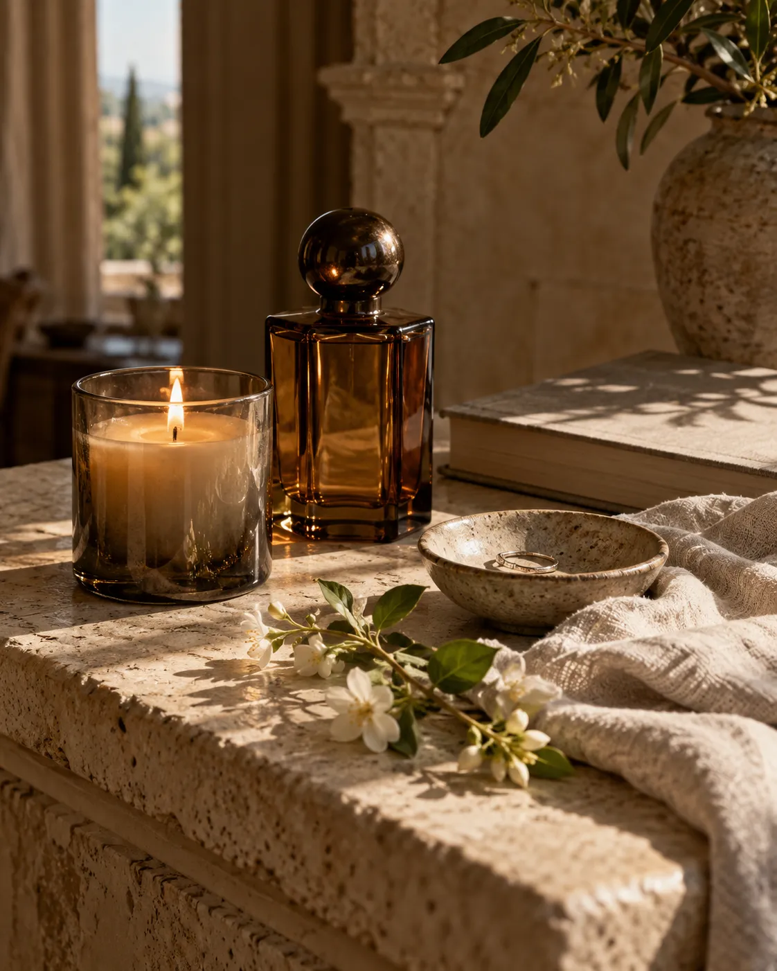 A quiet still life of candlelight, fragrance and textured objects — editorial concept