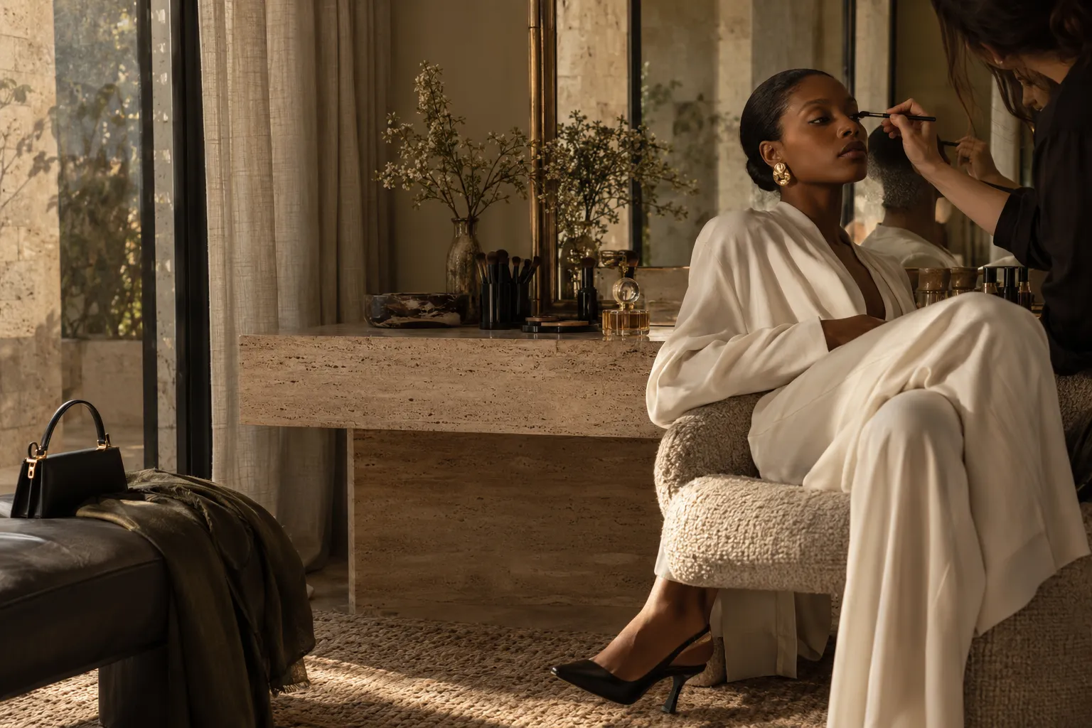 Editorial concept of relaxed ivory tailoring, a makeup artist and sculptural accessories