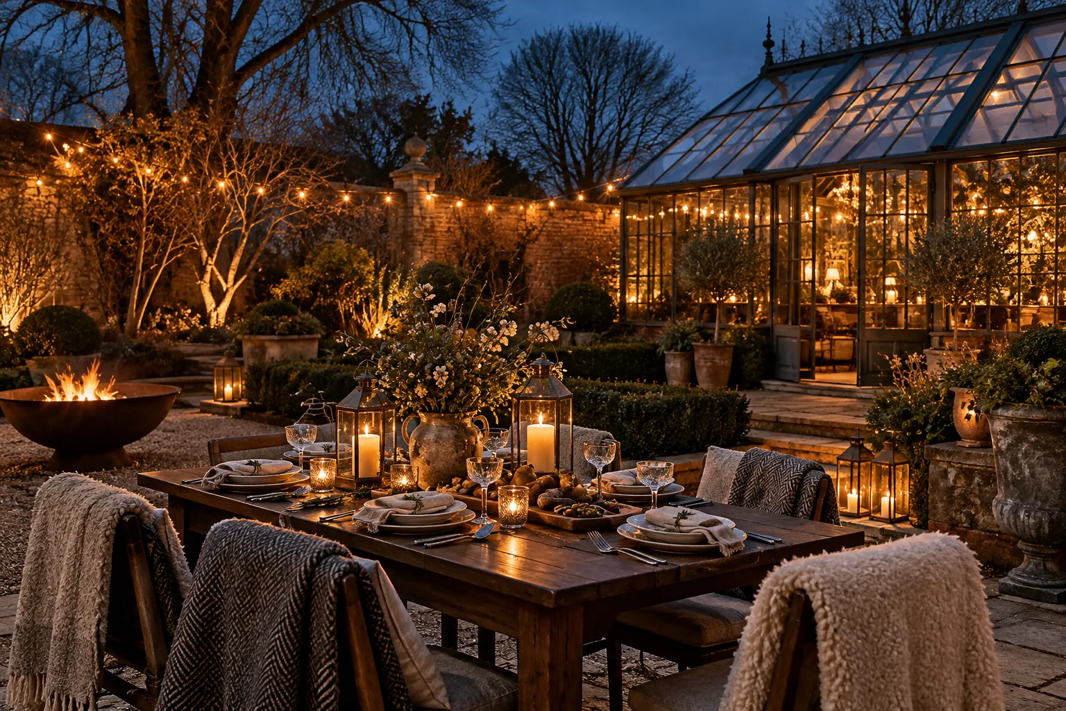 Editorial concept: a winter garden table with lanterns, blankets, glassware and a fire bowl at dusk