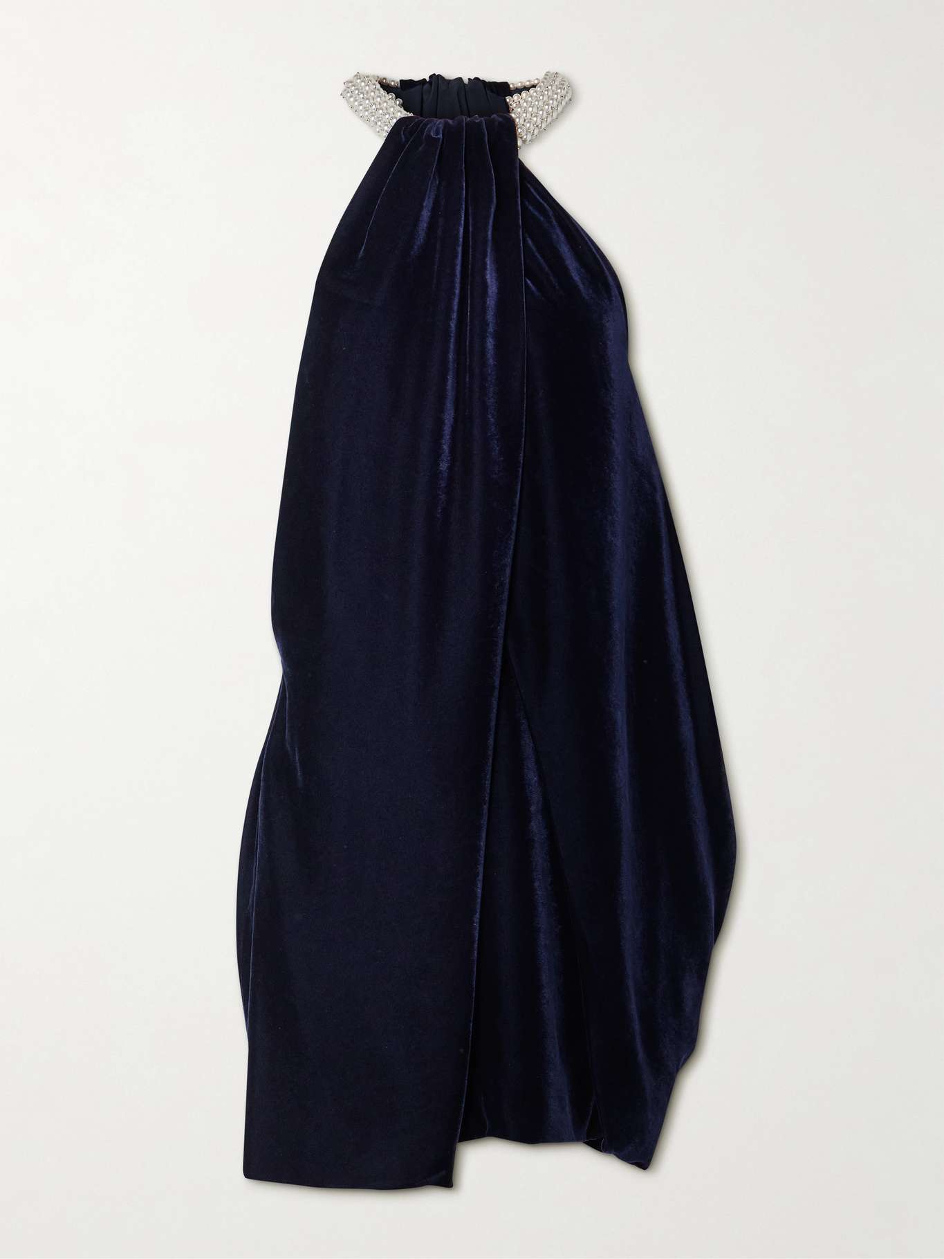 Embellished draped velvet halterneck mini dress